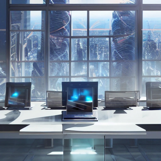 Futuristic office with a desk with tablet, computer, and holograms, windows offering a stunning view over a cityscape, Highly detailed, intricate, wide angle, by popular artists greg rutkowski and jason felix, trending on artstation, masterpiece, 8k, realistic face, realistic eyes, highest quality, realistic hands