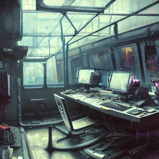 a desk with tablets, hardware pieces, junkfood, printouts, computer, and holograms, the walls of the room are decorated with posters, windows offering a view to a subway station, cyberpunkt, soft light, highly detailed, intricate, wide angle, by popular artists greg rutkowski and jason felix, trending on artstation, masterpiece, 8k, realistic face, realistic eyes, highest quality, realistic hands