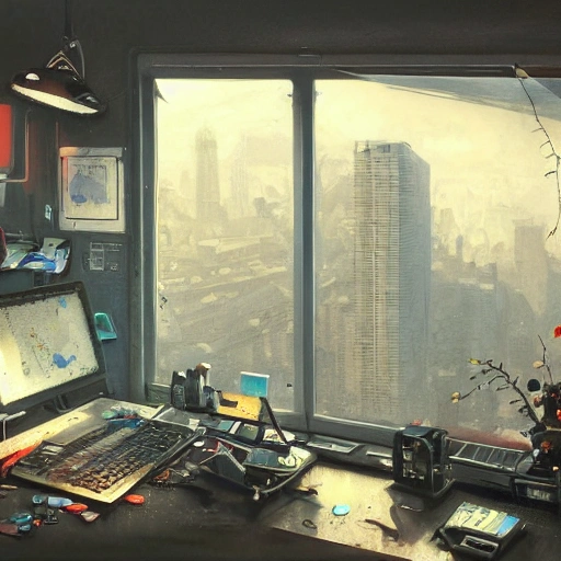 Authentic illustration of a desk with tablets, hardware pieces, junkfood, printouts, computer, and holograms, the walls of the room are decorated with posters, windows offering a view to a subway station, cyberpunkt, soft light, highly detailed, intricate, wide angle, by popular artists greg rutkowski and jason felix, trending on artstation, masterpiece, 8k, realistic face, realistic eyes, highest quality, realistic hands