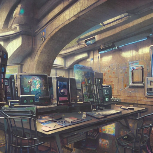 Authentic illustration of a desk with tablets,printouts, computer, and holograms, the walls of the room are decorated with posters, windows offering a view to a subway station, cyberpunkt, soft light, highly detailed, intricate, wide angle, by popular artists greg rutkowski and jason felix, trending on artstation, masterpiece, 8k, realistic face, realistic eyes, highest quality, realistic hands
