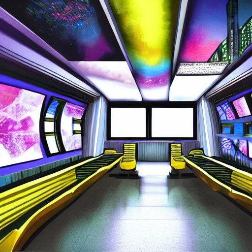 Authentic illustration of a desk with tablets,printouts, computer, and holograms, the walls of the room are decorated with posters, windows offering a view to a subway station, cyberpunkt, soft light, highly detailed, intricate, wide angle, hyperrealistic, photographic,, masterpiece, 8k, realistic face, realistic eyes, highest quality, realistic hands
