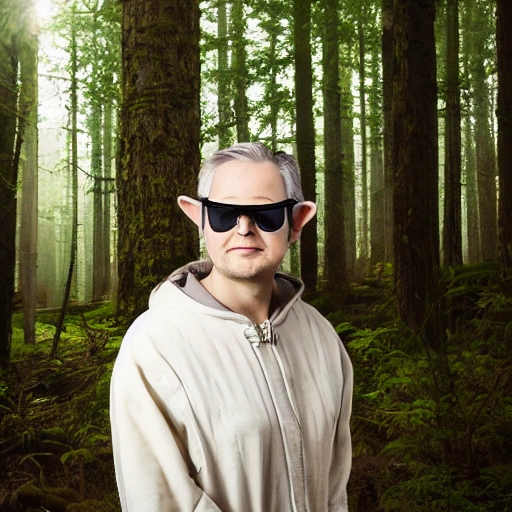 professional portrait photograph of a yoda in forest with sun glasses, photograph