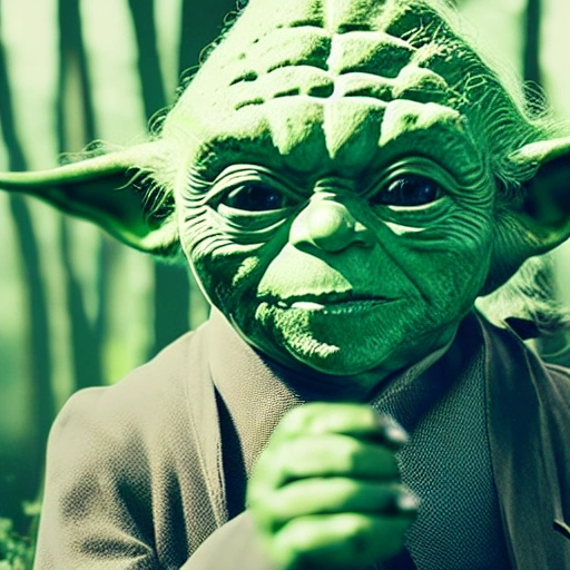 professional portrait photograph of a yoda in forest with sun glasses, photograph, Trippy, 3D