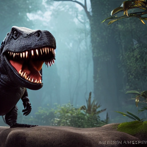 Cute adorable little black t-rex smiling greating me with black cloth lying on the river bank, unreal engine 5, cozy jungle amazonas lighting, art station, detailed digital painting, cinematic, character pixar , daz, hyper realistic, octane render, 8k, Cartoon