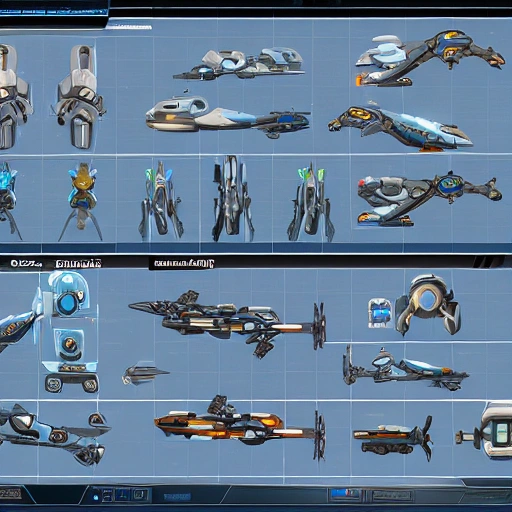 sci fi spaceship, overwatch, starcraft, 2d top down, game asset, "top view", symmetrical, crisp lines & flat shading, sprite sheet, top model, artstation, no blurry, no glow, no fuzzy, no watermark