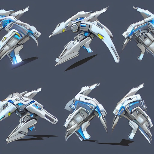 sci fi spaceship, overwatch, starcraft, 2d top down, game asset, "top view", symmetrical, sharp and crisp lines, flat shading, sprite sheet, top model, artstation, pixel perfect, no blurry, no glow, no fuzzy, no watermark, Cartoon