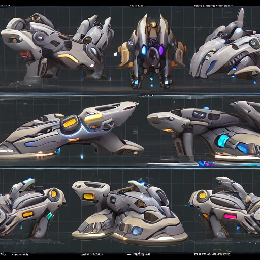 sci fi spaceship, overwatch, starcraft, 2d top down, game asset, "top view", symmetrical, sharp and crisp lines, flat shading, sprite sheet, top model, artstation, pixel perfect, no blurry, no glow, no fuzzy, no watermark, Cartoon