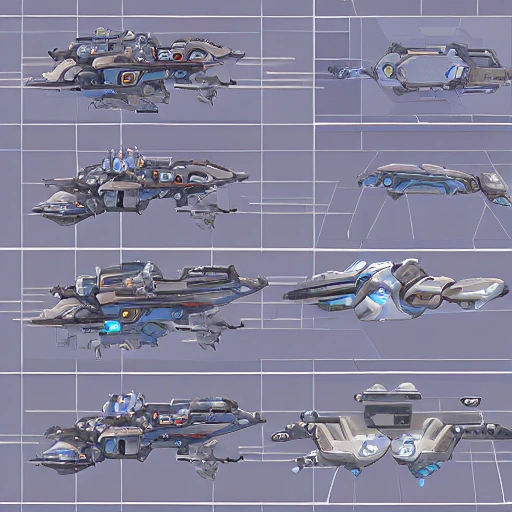 sci fi spaceship, overwatch, starcraft, 2d top down, game asset, "top view", symmetrical, sharp and crisp lines, flat shading, sprite sheet, top model, artstation, pixel perfect, no blurry, no glow, no fuzzy, no watermark, Cartoon, Pencil Sketch, Water Color, Oil Painting, pieces, parts, modular