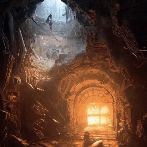 realistic Illustration of a partly collapsed underground chamber, detailed and intricate, with eerie lighting, d&d, by popular artists jason felix and greg rutkowski, 8k, clean, realistic face, realistic eyes, highest quality, realistic hands, trending on artstation, masterpiece
, Pencil Sketch