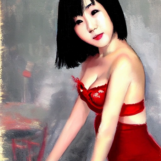 , Oil Painting japanese sexy girl wearing red bra