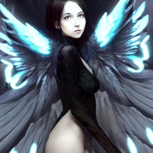 Dark fairy, white glowing eyes, white glowing aura, perfect body, filigrane wings, white edging, realistic, 8k, symmetric, cell shaded, concept art, by wlop, ilya kuvshinov, artgerm, krenz cushart, greg rutkowski, pixiv. cinematic dramatic atmosphere, sharp focus, volumetric lighting, cinematic lighting, studio quality