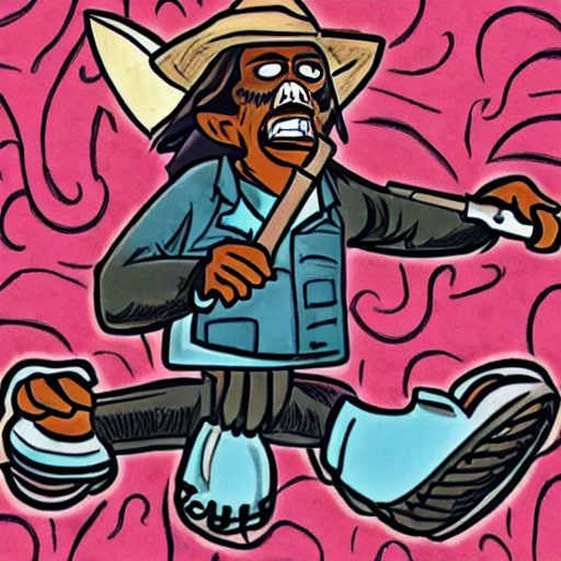 hombre  moreno usando  ametralladora y machete
, Cartoon, Trippy