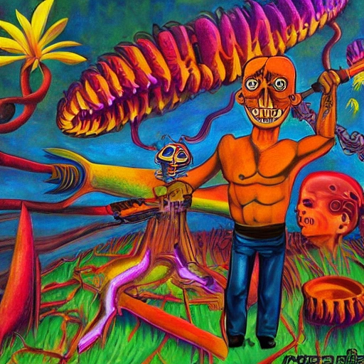 hombre  moreno usando  ametralladora y machete
, Cartoon, Trippy, 3D, Oil Painting