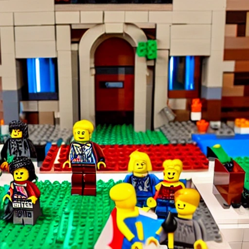 lego adventure party in front of a dungeon entrance
