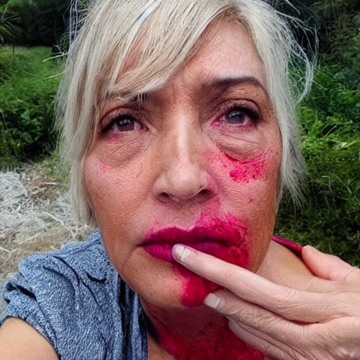 mujer rubia de edad  30-45 años , de ojos color miel, con un tgigre cahorro en su regazo  en un campo de rosas rojas y rosadas , con el cielo azul