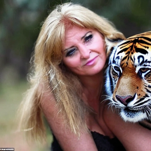 mujer rubia de edad  30-45 años , de ojos color miel, con un 
tigre de bengala cachorro  en su regazo  en un campo de rosas rojas y rosadas , con el cielo azul