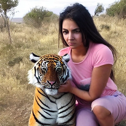 mujer joven  rubia de joven , de ojos colorazul, con un 
tigre de bengala cachorro  en su regazo  en un campo de rosas rojas y rosadas , con el cielo azul