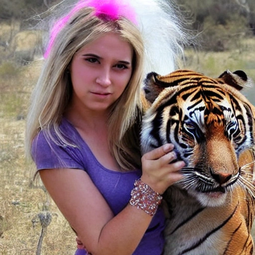 mujer joven  rubia de joven , de ojos colorazul, con un 
tigre de bengala cachorro  en su regazo  en un campo de rosas rojas y rosadas , con el cielo azul