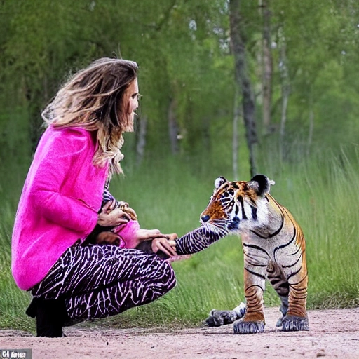 mujer de suecia joven , de ojos color azul, con un 
tigre de bengala cachorro  en su regazo  en un campo de rosas rojas y rosadas , con el cielo azul