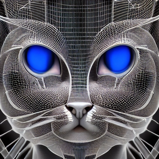 complex 3d render ultra detailed of a ChatGPT-based left-right symmetrical silicon  intelligent robot cat face, robotic parts, 150 mm, beautiful studio soft light, rim light, vibrant details, luxurious cyberpunk, lace, hyperrealistic, cable electric wires, microchip, elegant, beautiful background, octane render, H. R. Giger style, 8k, 3D