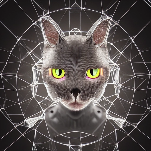 complex 3d render ultra detailed of a ChatGPT-based left-right symmetrical silicon  intelligent robot cat face, robotic parts, 150 mm, beautiful studio soft light, rim light, vibrant details, luxurious cyberpunk, lace, hyperrealistic, cable electric wires, microchip, elegant, beautiful background, octane render, H. R. Giger style, 8k, 3D