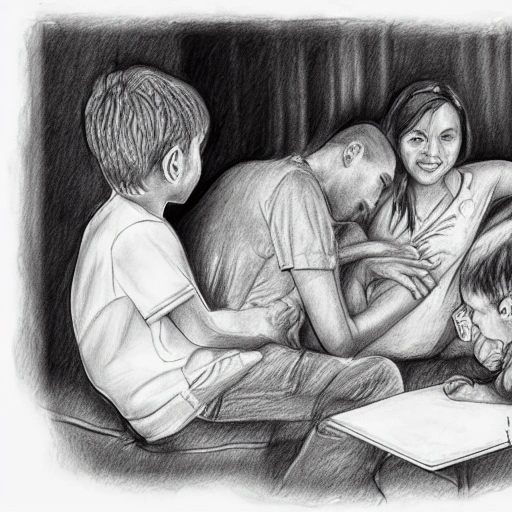 familia compartiendo en su hogar, realistic, Pencil Sketch