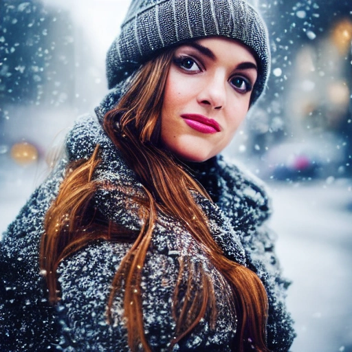 professional portrait photograph of a gorgeous Spanish girl in winter clothing with long wavy blonde hair, sultry flirty look, (freckles), gorgeous symmetrical face, cute natural makeup, wearing elegant warm winter fashion clothing, ((standing outside in snowy city street)), stunning modern urban environment, ultra realistic, concept art, elegant, highly detailed, intricate, sharp focus, depth of field, f/1.8, 85mm, medium shot, mid shot, (((professionally color graded))), bright soft diffused light, (volumetric fog), trending on instagram, hdr 4k, 8k, 