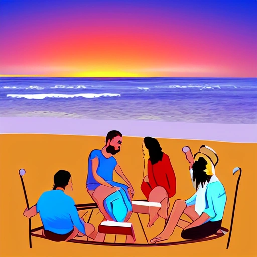 un grupo de amigos bebiendo y conversando en el atardecer en la playa, Cartoon