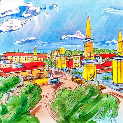 Toretsk city in Ukraine, Cartoon, Water Color