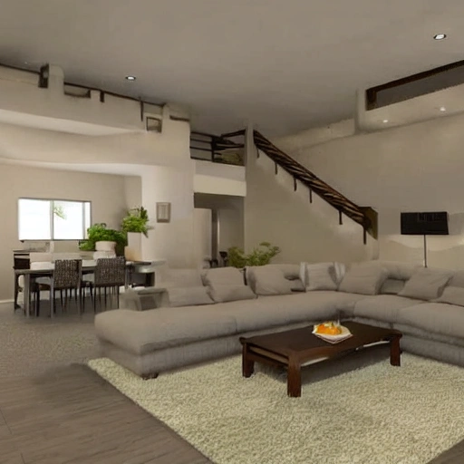 build an interior of a house with a living room, 3 bedrooms, 3 bathrooms,  an attic that is furnished and a basement that is 3 levels fill in the rest with what you think is appropriate 