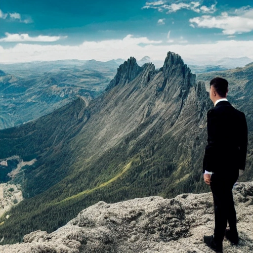 man in a black suit on top of a mountain
