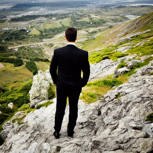 man in a black suit on top of a mountain seen from behind
