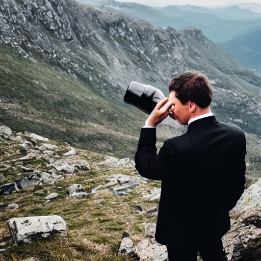 man in a black suit on top of a mountain seen from behind
drinking from a mug
