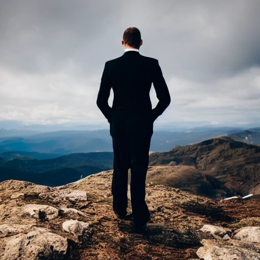 man in a black suit on top of a mountain seen from behind
drinking coffe
