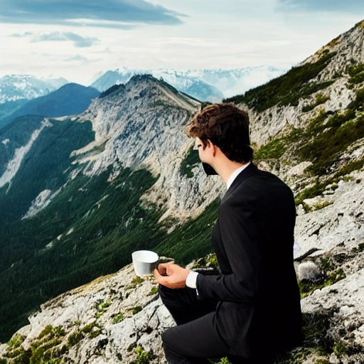 man in a black suit on top of a mountain seen from behind
drinking coffe
, Cartoon