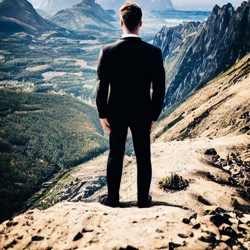 man in a black suit on top of a mountain seen from behind
drinking coffe
, Trippy