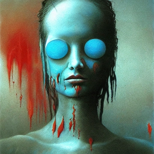 characterof bloodpunk woman by Zdzisław Beksiński--ar 2:3 , Cartoon, Oil Painting, Water Color