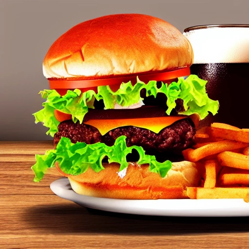 eating hamburger with beer, 3D