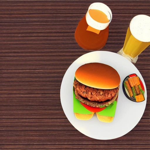 eating hamburger with beer, 3D