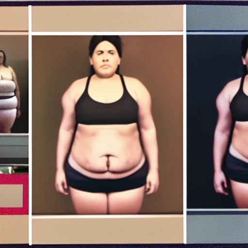 You could imagine a fat woman using a mobile fitness app that shows her progress in one frame. She could be in a fantasy or real world setting, with the frame showing her both in her current state of being overweight and her desired, fit form. The frame could be a visual representation of her journey, with her current state on one side and her desired state on the other. Alternatively, the frame could show her transformation in real-time, with her current state in one part of the frame and the desired state in the other.

