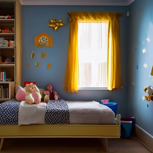 A child bedroom that has a big bed in the midel of the room, full o toys, with a big window on a side, Lush, Sharp FOCUS, golden Light
