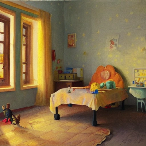 A child bedroom that has a big bed in the midel of the room, full o toys, with a big window on a side, Lush, Sharp FOCUS, golden Light
, Oil Painting, 