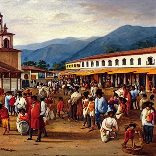 plaza de mercado en el año 1800 en colombia valle del cauca, Oil Painting