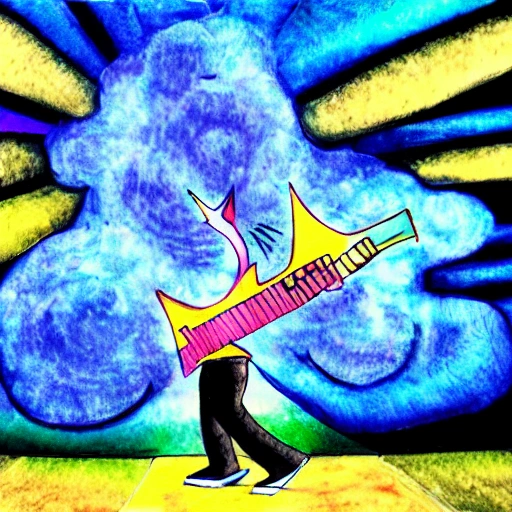 musico tocando la gutarra electrica entre  las nubes y relampagoz , Trippy, Water Color, 3D, Cartoon, Cartoon