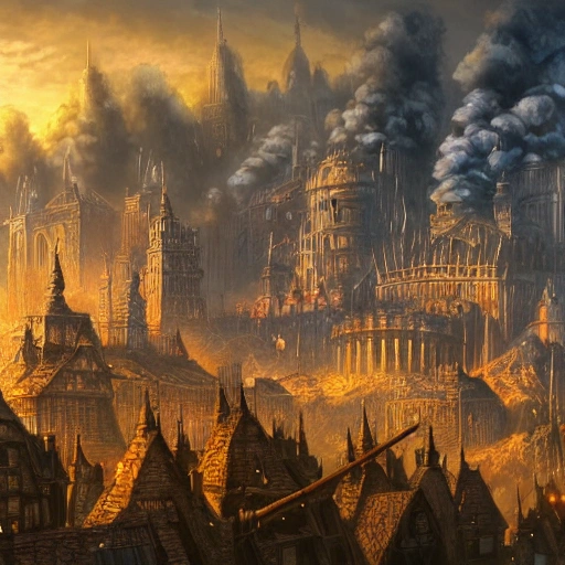 Authentic illustration of a city in Warhammer Fantasy, enormous mountain, 4k, city landscape, high quality, high resolution, steam plumes, industry