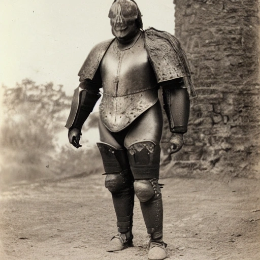 standing bull with human skin and dressed in armor