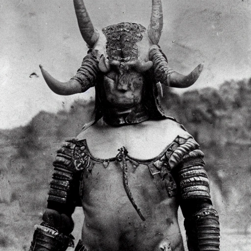 standing bull with human skin and dressed in armor, his head with horns