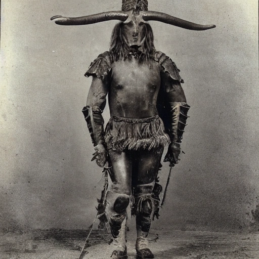 standing bull with human skin and dressed in armor, his head with horns