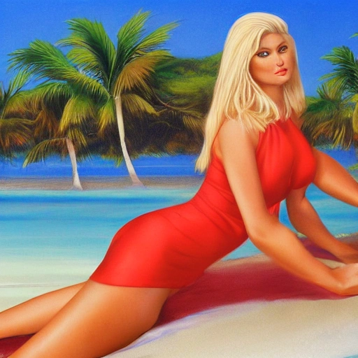 blonde woman with blue eyes, voluptuous body, detailed face, hyperrealist, wearing a low-cut, tight red silk dress, posing on a lounge chair, on a paradisiacal beach