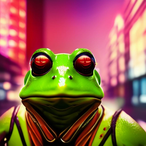 side close up portrait of 1 cyberpunk frog, detailed face, spotlight, cyberpunk city, wired, multicolored, vibrant high contrast, hyperrealistic, photografic, 8k, epic ambient light, octane render